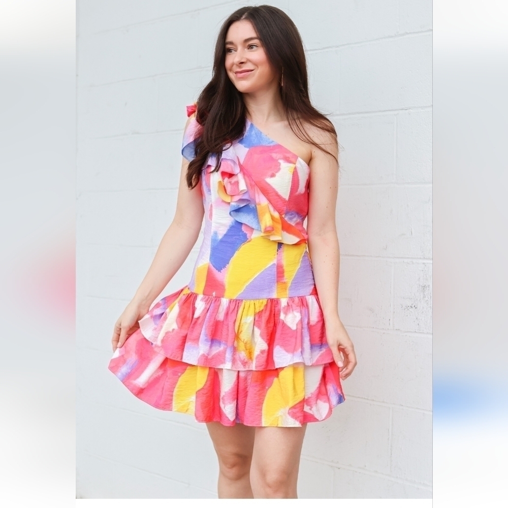 NWOT FRENCH CONNECTION Isadora Faron One Shoulder Ruffle Mini Dress 10